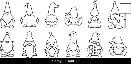 Gnomes or dwarfs isolated linear illustrations. Set of magic cartoon gnome characters. Santa Claus helpers. Line icons. Black and white. Coloring book Stock Vector