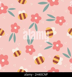 Seamless pattern design nature in spring with yellow bees and pink flowers with green leaves and white dots with a pink background Stock Photo