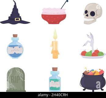 Halloween decorations semi flat color vector item set Stock Vector