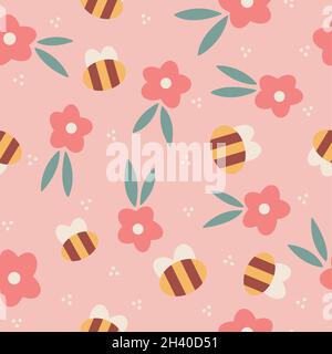 Seamless pattern design nature in spring with yellow bees and pink flowers with green leaves and white dots with a pink background Stock Vector