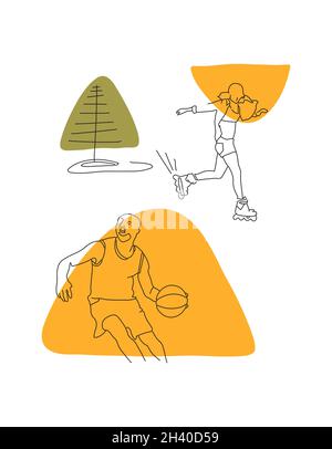 Continuous Line Drawing of Basketball Player. Illustration of a basketball player. black and white drawing, white background Stock Vector
