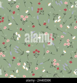 Seamless pattern design of nature in the spring season with small flowers in pink, red and white and with a green background Stock Vector