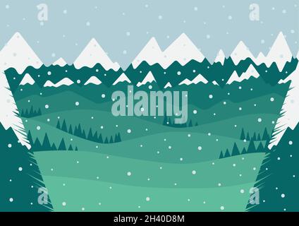 Illustration about winter season in green mountains and meadows with dark green pine trees snowing and with a blue sky Stock Vector