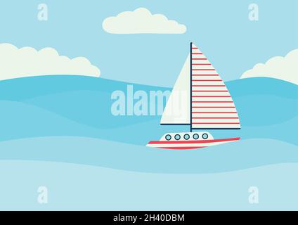 Illustration about the ocean, with a boat or boat in white and red tones, sailing through the blue waves and with a blue sky with clouds on summer Stock Vector