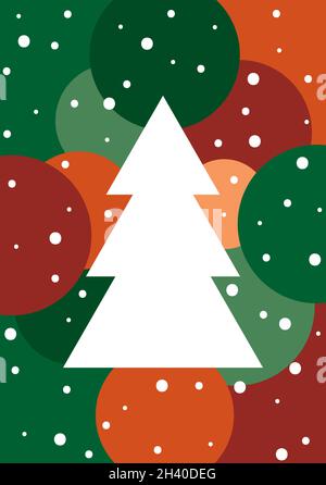 Merry Christmas card with a white Christmas tree and with several circles in red and green tones in the background and with white snow Stock Vector