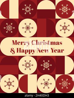 Merry Christmas and Happy new year card with geometric shapes like red squares and circles with snowflakes and a beige background Stock Vector