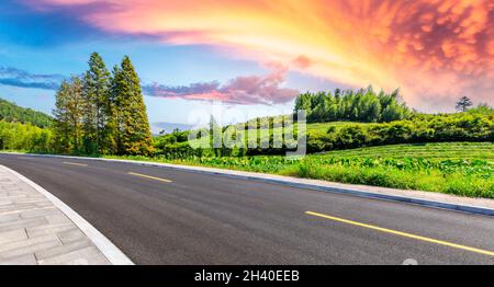 Countryside asphalt road and green tea plantations with mountain natural scenery in Hangzhou on a sunny day. Stock Photo