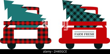 Red Christmas truck with tree. Buffalo plaid texture. Farm fresh Christmas trees delivery. Vector isolated illustration Stock Vector