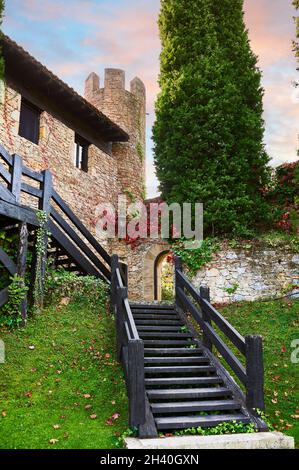 Wooden stairs in the fortified building, Miguel de la Via House tower, Galdames, Sopuerta, Biscay, Euskadi, Basque Country, Spain, Europe Stock Photo
