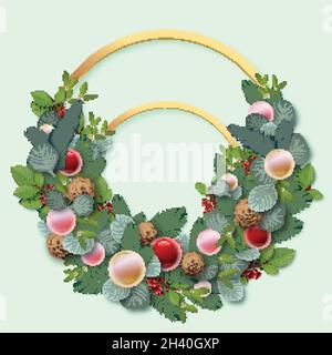 realistic christmas wreath with different decorations vector design illustration Stock Vector