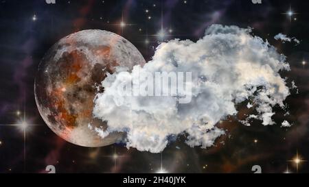 Super moon behind a cloud in the starry sky. Collage. Full moon. Elements of this image furnished by NASA. Stock Photo