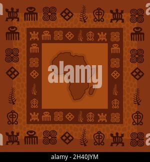 African hieroglyphs with Africa Map, Adinkra symbols, desert orange vector Stock Vector