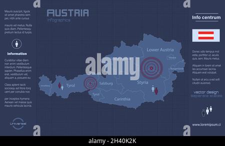 Austria map, separate regions with names, infographics blue flat design vector Stock Vector
