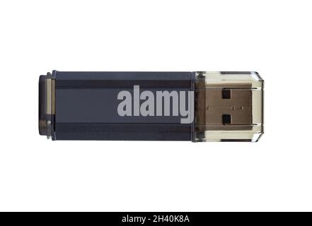 One single gray USB drive, digital data storage device with a blank empty label, pendrive, grey usb stick, flash drive object isolated on white, top v Stock Photo