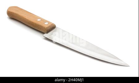 Everyday tool in  kitchen. Chefs sharp knife with wooden handle on white background Stock Photo