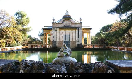 Little house by the pond in the Labyrinth of Horta in Barcelona, Catalunya, Spain, Europe Stock Photo