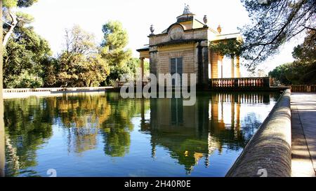 Little house by the pond in the Labyrinth of Horta in Barcelona, Catalunya, Spain, Europe Stock Photo