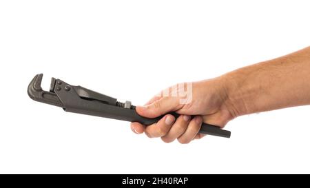 Hand holds adjustable gas wrench isolated on white background, template for designers Stock Photo