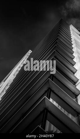 Black and white image of angular, high rise building in York UK with angles and structure. Interesting additional dimension. No People. Stock Photo