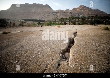 The ground surrounding an abandoned date grove is damaged by sinkholes near the Dead Sea, in Ein Gedi, Israel October 30, 2021. Picture taken October 30, 2021 with a drone. REUTERS/Amir Cohen