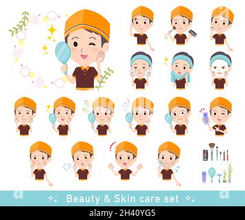 A set of Fast food clerk man on beauty.There are various actions such as skin care and makeup.It's vector art so easy to edit. Stock Vector