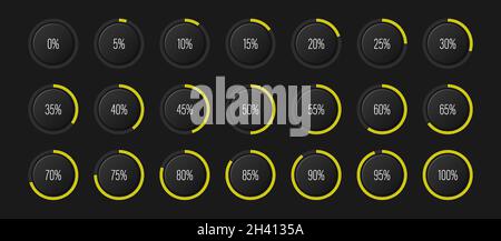 Set of circle percentage diagrams meters for web design, user interface UI or infographic with 3D concept - indicator with yellow Stock Vector