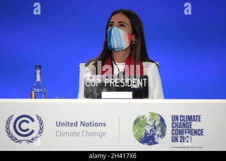 Minister of the Environment for Chile, Carolina Schmidt on stage ahead of the start of COP26 at SECC in Glasgow, Scotland. The procedural opening ceremony marks the start of negotiations at COP26 and the appointment of its President Alok Sharma, the handover of the Presidency from COP25 President Carolina Schmidt and remarks from Alok Sharma and Executive Secretary of the United Nations Framework Convention on Climate Change Patricia Espinosa. Picture date: Sunday October 31, 2021. Stock Photo