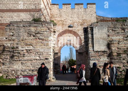 Istanbul,Turkey - 03-18-2017:Historical Istanbul Byzantine Walls Topkapi Gate view Stock Photo