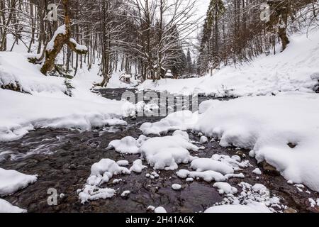 Small waterfall of cold water flow among the stones covered with snow Stock Photo
