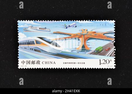 CHINA - CIRCA 2021: A stamps printed in China shows 2021-24 Sustainable Development of Transport,  circa 2021. Stock Photo