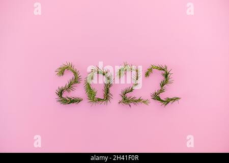 Lightbox with 2022 numbers handmade from Christmas tree branches. Stock Photo