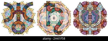 Astronomical signs with mandalas, astrology concept art. Tattoo design. NEPTUNE, SATURN and URANUS. Astrology concept. Stock Vector