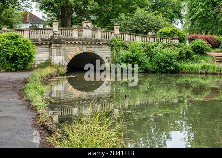 The lake and bridge in Pittville Park in Cheltenham in Gloucestershire, England Stock Photo