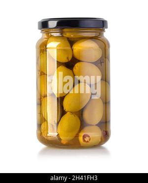 can of canned stuffed olives isolated on white with clipping path Stock Photo