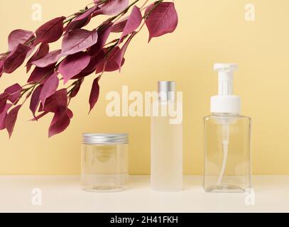 Transparent plastic jar with lid, bottle and empty plastic container with dispenser on white table, branch with red leaves. Cosm Stock Photo