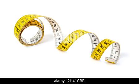 Measuring tape of tailor with indicators in form of centimeters. Yellow  rolled measuring tape isolated on white background Stock Photo - Alamy