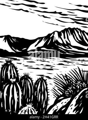 Chihuahuan Desert in Big Bend National Park West Texas USA Mexico Border WPA Woodcut Black and White Art Stock Photo