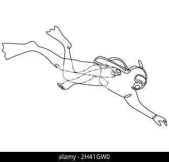 Scuba Diver Diving Down Side View Continuous Line Drawing Stock Photo