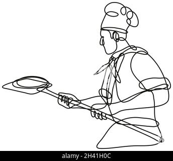 Pizza Baker Chef or Cook Holding Peel Continuous Line Drawing Stock Photo