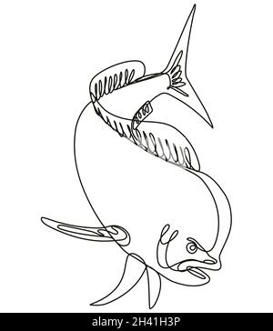 Dorado Dolphin Fish or Mahi Mahi Diving Down Continuous Line Drawing Stock Photo