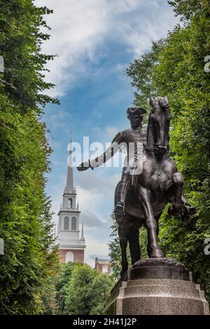 Paul Revere statue and Old North Church in Boston, USA Stock Photo