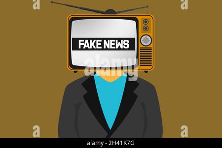 TV on the head of a man with fake news word Stock Photo