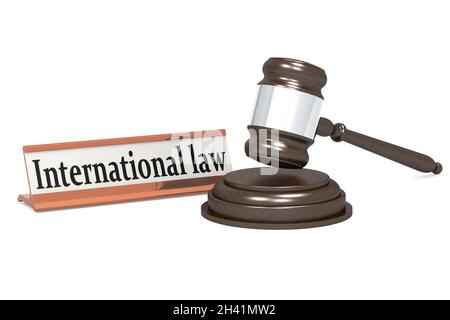 Wooden judge gavel and international law banner Stock Photo