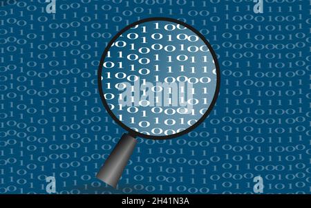 Binary code with magnifying glass Stock Photo