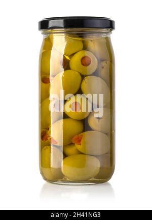 Stuffed green olives preserved in a glass jar isolated on white with clipping path Stock Photo