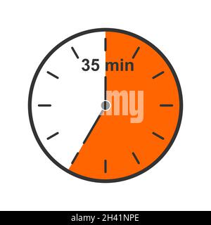 Clock icon with 35 minute time interval. Countdown timer or stopwatch symbol isolated on white background. Infographic element for cooking or sport game. Vector flat illustration. Stock Vector
