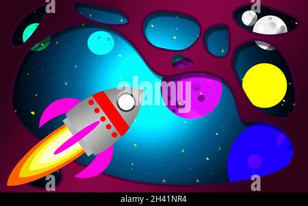 Colorful cartoon rocket in space with stars Stock Photo - Alamy