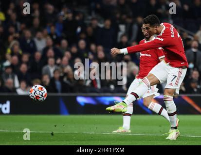 LONDON, ENGLAND - OCTOBER 30: Cristiano Ronaldo scores his and Manchester Uniteds second goal before it was ruled out for offside during the Premier League match between Tottenham Hotspur and Manchester United at Tottenham Hotspur Stadium on October 30, 2021 in London, England. (Photo by MB Media) Stock Photo