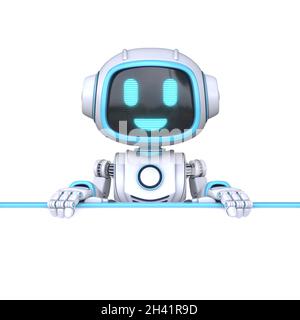 Cute blue robot holding blank white board 3D Stock Photo