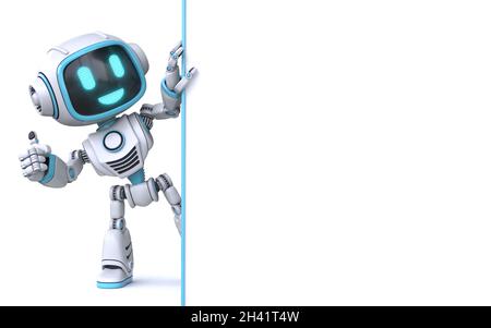 Cute blue robot holding blank white board 3D Stock Photo